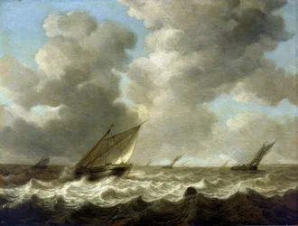Fishing boats on rough seas, on the skyline the Dutch coast is visible