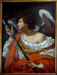 The angel carrying the spear having pierced the heart of Christ and the sponge soaked in vinegar