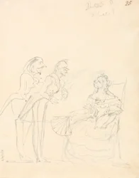 Two Gentlemen Talking to a Seated Lady