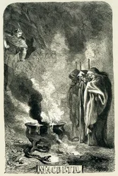Macbeth visiting the three witches on the blasted heath