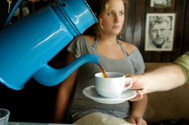 Coffee being served in antique Danish coffee pot, Aarhus, Denmark