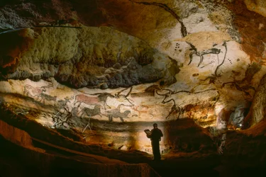 Hall of the Bulls crowd calcite walls in Lascaux Cave