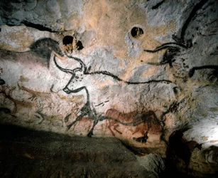 Paleolithic art of bulls, deer, and horses on calcite cave walls, Lascaux, France
