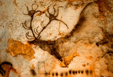 Prehistoric painting of Red Deer with Nine-Pointed Antlers in Lascaux cave, France
