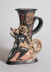 Red-Figure Horn-Shaped Rhyton depicting a crocodile attacking a Nubian, Greek, c.350 BC