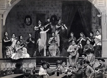 Seville, Spain, dance and flamenco music scene in a cafe. Photography, late 19th century
