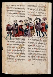 A man presents a book to the king, miniature in 