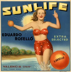 Advertising for oranges, image of a woman in a swimsuit. Advertising poster, Valencia