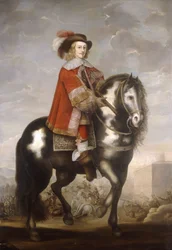 An Equestrian Portrait of Cardinal Infante Fernando de Borbon, Governor of the Spanish Netherlands, Full Length in a Red Coat and Plumed Hat, a Battle Beyond