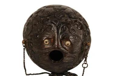 Carved coconut powder flask bugbear, Spanish Colonial, early 19th century