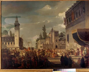 Christopher Columbus presents indigenous people at Ferdinand II and Isabella I of Castile in Barcelona. Painting by Garcia Ibanez