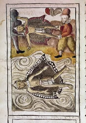 Codex of the Conquest of Mexico: The Bodies of Itzquauhtzin and Montezuma are Thrown Out of the Palace by the Spaniards