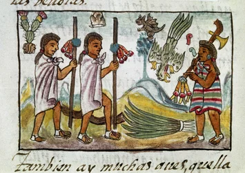 Codex of the Conquest of Mexico: Merchants Disguised in Tzinacantlan. Miniature of the Florentine Manuscript 