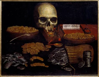 Vanitas Allegory of passing time and death, wealth and human pleasures. Painting of the Spanish School. 17th century. Rouen, Museum of Fine Arts