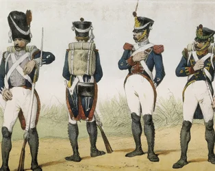 DE SOTTO, Serafin Maria, Earl of Clonard (1793 - 1862). Historia organica de las armas de Infanteria y Caballeria espanolas. 1851 - 1859. Infantrymen during the reign of Ferdinand VII of Spain. Grenadier, rifleman, sergeant and chasseur (1815-1820). Engrav