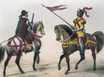 Cavalrymen during the reign of Phillip II of Spain. “Heraldo de caballeria” (herald of arms) and “hombre de armas” (man-at-arms)