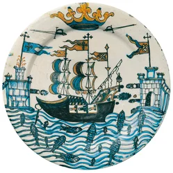 Decorated plate with drawings of galleon and castles topped with a crown