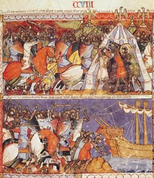 The Trojans Invading the Greek Camp and Setting Fire to the Greek Ships, from the Codex Benito de Santa Mora