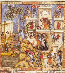 The Landing of the Greeks, the Siege of Tenedos Castle and the Death of the Defenders, from the Codex Benito Santa Mora