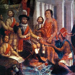 Hernando Cortes receiving the homage of the Aztecs