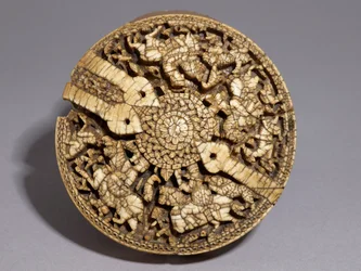 Lid of a Container Decorated with Four Huntsmen and Animals, Umayyad Period, 998-999 AD