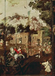 Panel from a folding screen depicting a series of stone houses with Indians dancing in celebration