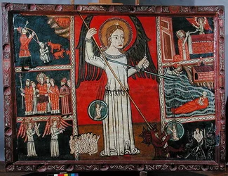 Saint Michael defeating the devil portrayed as a dragon and weighing souls in a pair of scales