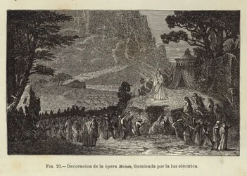 Set of the opera, Moses, illuminated by electric light