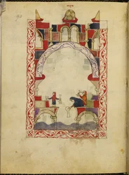 Three women immersing vessels in a pool. Illuminated manuscript of a Hispano-Moresque Haggadah, c.1300, Spain, Or. 2737, fol. 90