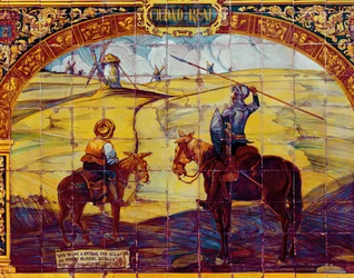 Tiles Depicting Don Quixote and Sancho Panza Preparing to Attack the Windmills
