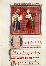 Two musicians, one Moorish and the other a Spanish Christian. Detail of a page taken from a manuscript of the Songs of Saint Mary