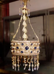Votive crown of King Recceswinth (r. 652-72) from the Treasure of Guarrazar, c. 670 (gold, rock crystal, pearls and sapphires)