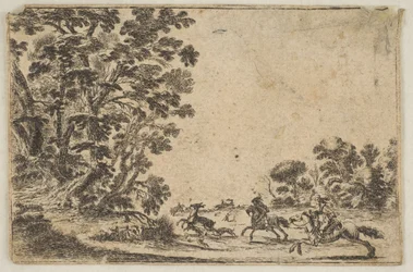 Plate 4: a deer hunt, two horsemen galloping towards the right behind three dogs and