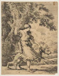 A Nymph Holding a Large Dog by its Collar
