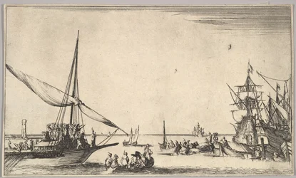 A Galley Arriving at Port to the Left, Several Rowboats in Center, Ships at Port to the Right