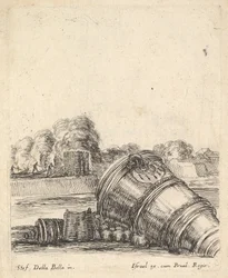 A Mortar Without a Carriage Lying on the Ground to the Right, Soldiers Firing Cannon