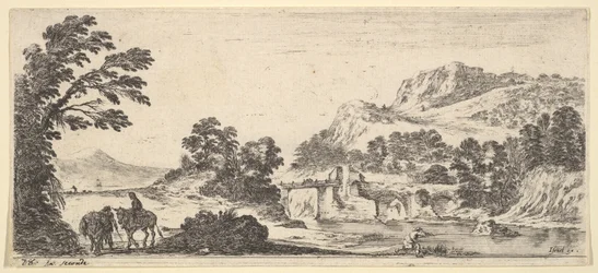 A Mule Carrying a Woman and a Peasant Walking with a Mule to the Left, a Fisherman to the Right