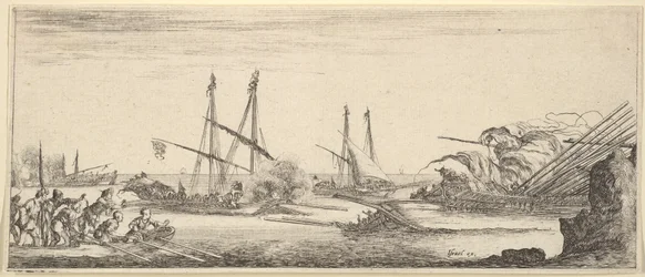 A Naval Battle, a Rowboat Full of Men to Left, a Sinking Ship to Right, Two Galleys Battling, ca. 1641