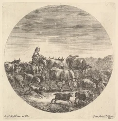 A Peasant Woman Seated on a Horse, Facing Right, Surrounded by a Herd