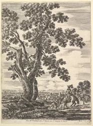 A Woman on Horseback Seen from Behind Descending a Hill to the Right, a Large Tree
