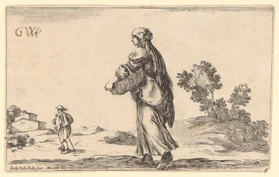 Peasant woman with basket, seen from the back and side facing left, with a traveller before her facing left