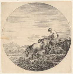 Farmer Driving His Animals to the Left Towards the River