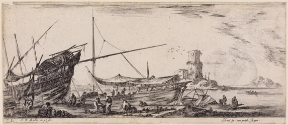 Loading Various Ships: Workers in a Harbour and Six Cannon Barrels