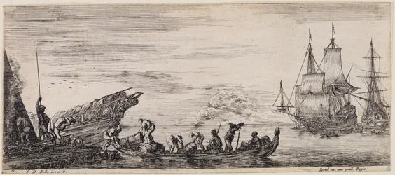 Loading of Various Ships: At left, a loading quay with a guard post and dockworkers unloading a boat