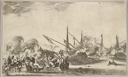 Combat Between Several Rowboats and Ships, Two Groups of Men in Rowboats Fighting, 1639
