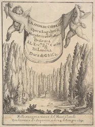 Frontispiece for The Cypress Forest La selva di cipressi: two putti hold a tapestry, 1640