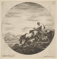 Herdsman on Horseback Drives Animals, from Six Animal Subjects
