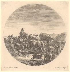 Shepherdess on Horseback with Cattle and Sheep Herd, Plate 5 of the Series "Six Animal Motifs in Round Representation"