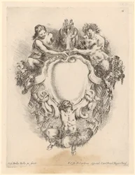 Cartouche with Three Satyrs and a Wine Jug