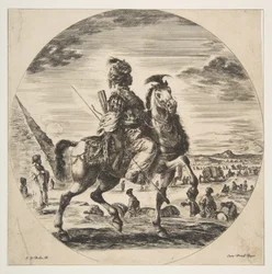 Moorish Horseman in Profile Facing Right, in the Background a Pyramid at Left